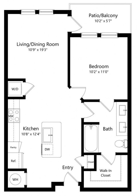 Floor plan for 1 bed, 1 bath, 732 sqft